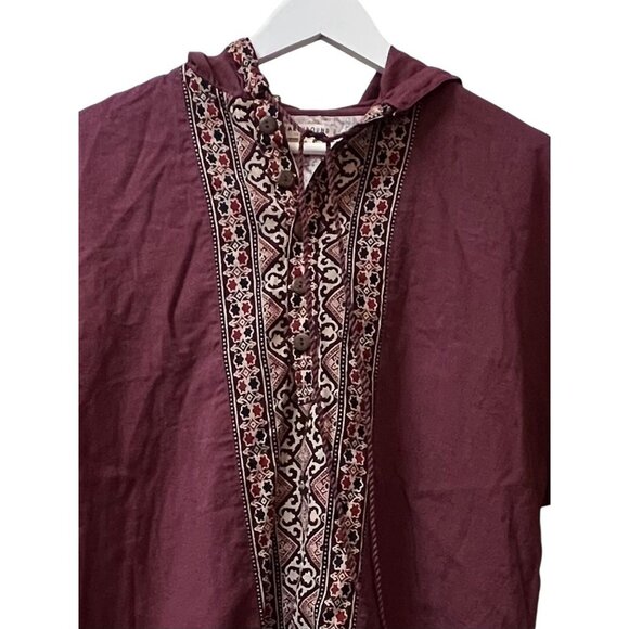 Earthbound Trading Company Top Linen Blend Hooded Small Fringe Geometric S/S - Picture 5 of 16